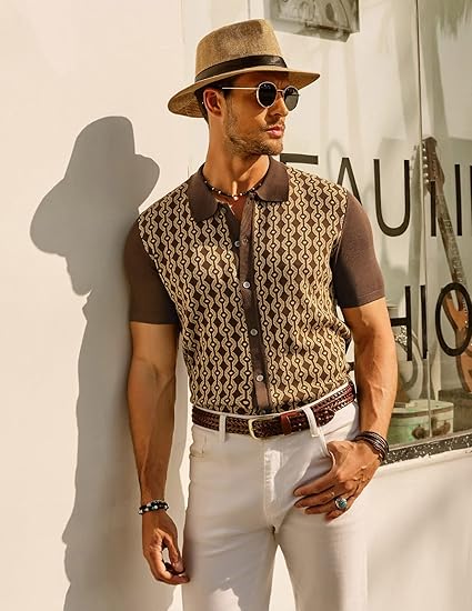 pj paul jones men's contrast 70s vintage polo shirts short sleeve knitwear